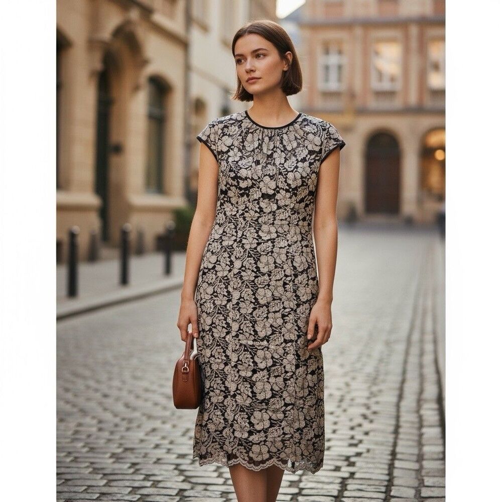 Adrianna Papell Shred Lace Dress Tan Floral Overlay Over Brown Sheath Women's 4